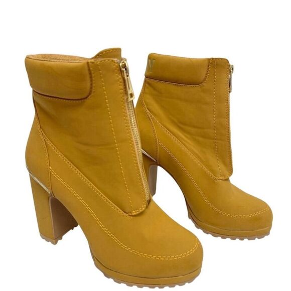 DKNY Booties Size 7.5 Gold Tone Chunky Heel Platform Sole Front Zip Boots - Picture 3 of 9